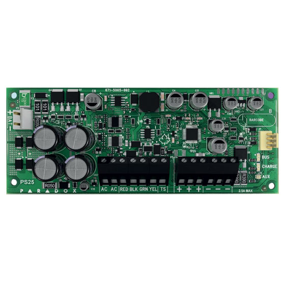 Alimentatore “switching” 2.5A  supervisionato, su BUS. Richiede
trasformatore TF40/16. Batteria 1.2A