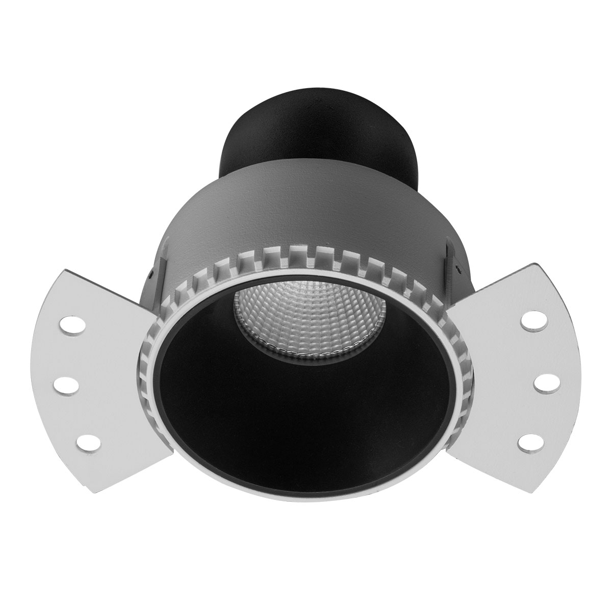 XPOLI Faretto da incasso tondo, telaio bianco opaco e anello decorativo
nero opaco, per lampadine alogene o a LED, con attacco GU10, o per
moduli a LED XCOMBO, CM03, CM06, CM07, CM08, CM10 e CM11. Si installa su
controsoffitti in carto
