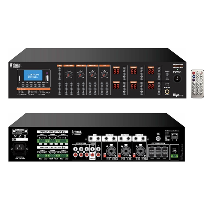 Matrice amplificata multizona 6x60W con sorgenti BLUETOOTH, DAB RADIO,
TUNER FM, USB e SD CARD integrate per lettura di file audio MP3.