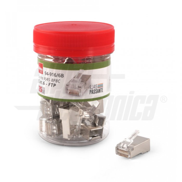 Spina Schemata PASSANTE - RJ45 8P8C - Cat.6 - FTP AWG24-26 - rigido +
flessibile  conf. 25 pz