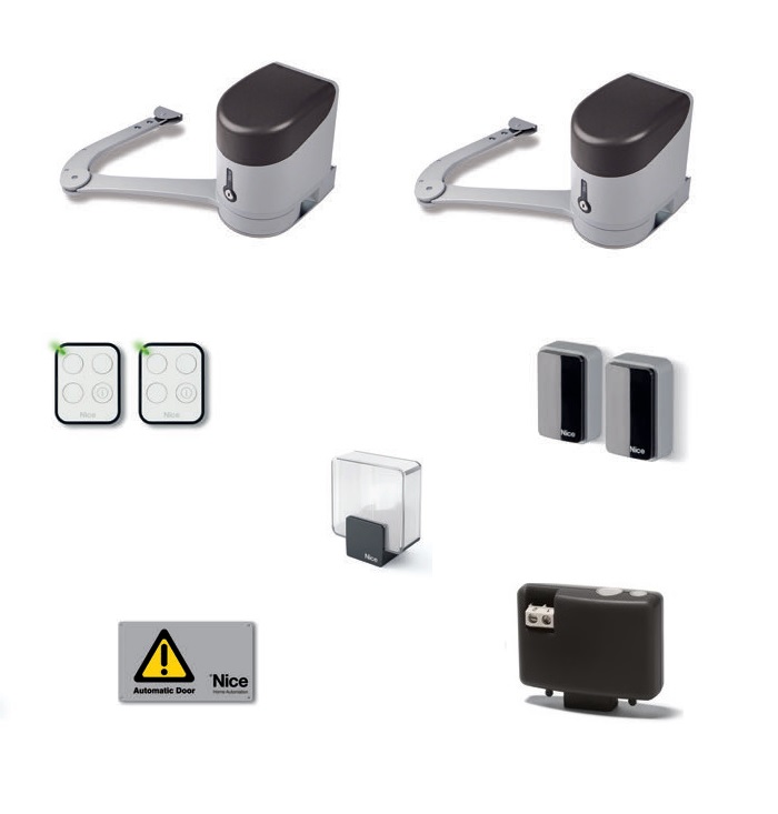 Kit bidirezionale per l’automazione di cancelli a battente con ante fino
a 3,5 m, 24 Vdc, a braccio articolato, montaggio esterno