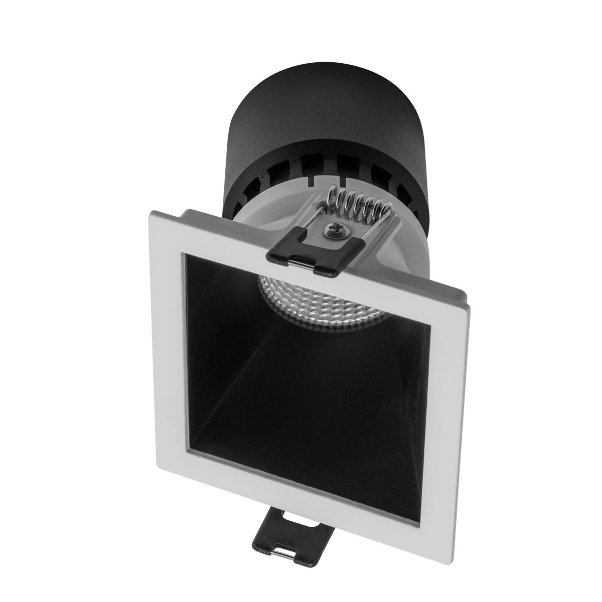 XPOLI Faretto da incasso quadrato, telaio bianco opaco e anello
decorativo nero opaco, per lampadine alogene o a LED, con attacco GU10,
o per moduli a LED XCOMBO, CM03, CM06, CM07, CM08, CM10 e CM11.
Distribuzione della luce tipo „wall washer“.