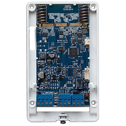 Ricevitore via radio 433 MHz (63 bit e 80 bit LoNa) 32 zone. Due
ingressi per zone cablate. Un'uscita relè SPDT Form C p